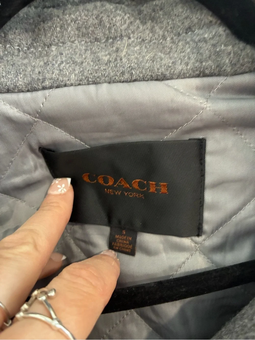 Coach Gray Quilted-Lined Wool Coat with Shearling Trim